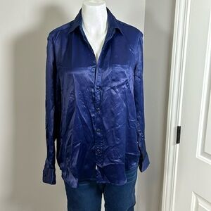 Frank and Eileen EILEEN Relaxed Button Up Shirt Navy Blue Silky Sz Small NEW